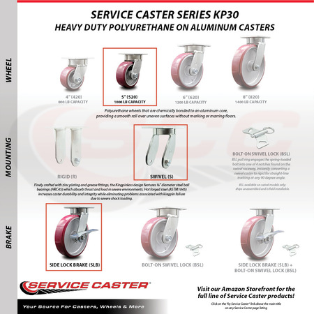 Service Caster 5 Inch Kingpinless Poly on Aluminum Wheel Caster Swivel Locks 2 Brakes SCC, 2PK SCC-KP30S520-PAR-BSL-2-SLB-2
